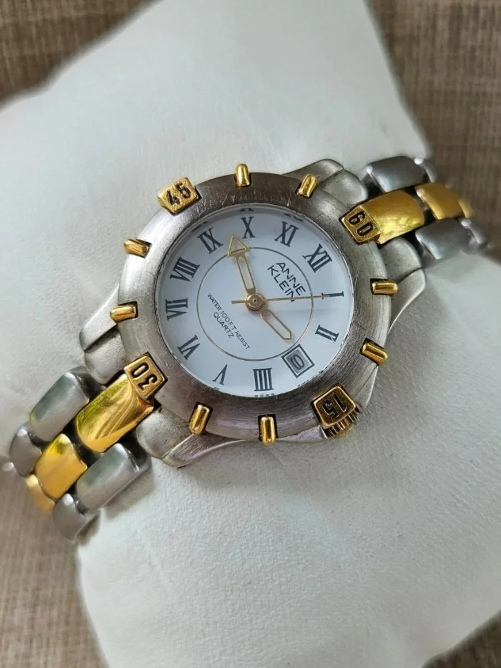 Vintage Anne Klein Women Wristwatch Silver/gold Tone Quartz Date Calendar Watch